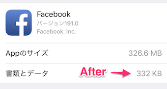 Facebookの再インストール後の「書類とデータ」の容量