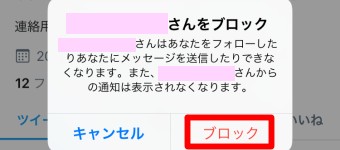 ブロックに関する注意のメッセージが表示されるので読んでから「ブロック」をタップ