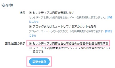 「センシティブな内容を含む可能性のある画像/動画を表示する」のチェックボックスをオンにしてから「変更を保存」をクリック