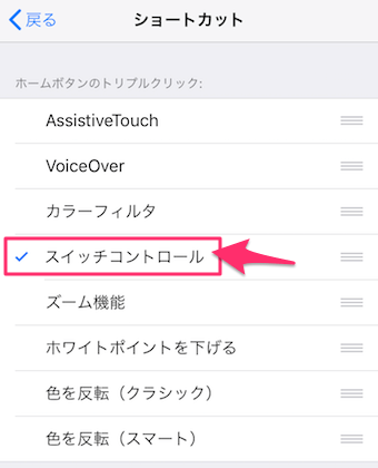 スイッチコントロールをタップして、チェックマークをつける