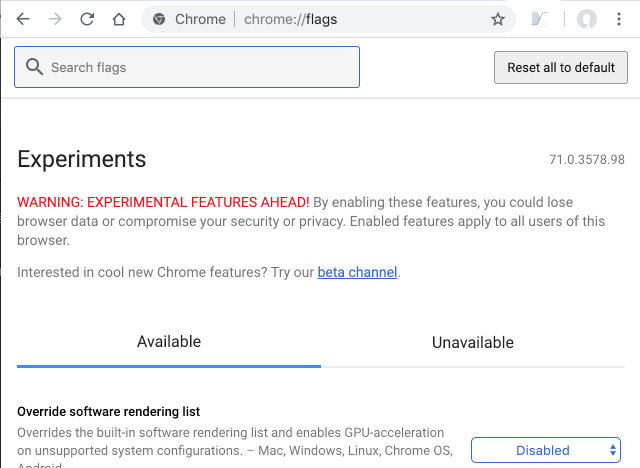 「chrome://flags」を入力して設定画面を開く
