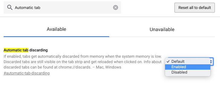 Automatic tab discardingを、右側の選択肢で有効「Enabled」に変更