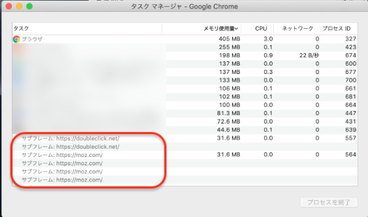 タスクマネージャのタスクに複数の「サブフレーム」があるのが確認