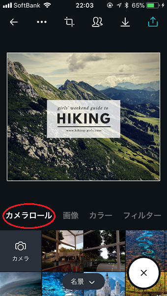 「カメラロール」メニューでは、自分で持っている写真や、撮った写真に差し替えできる
