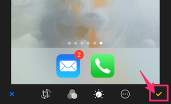 iPhoneの写真の編集の○のボタンのマークアップの完了のチェックボタン