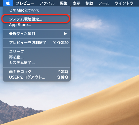 画面左上のリンゴマークから「システム環境設定」をクリック