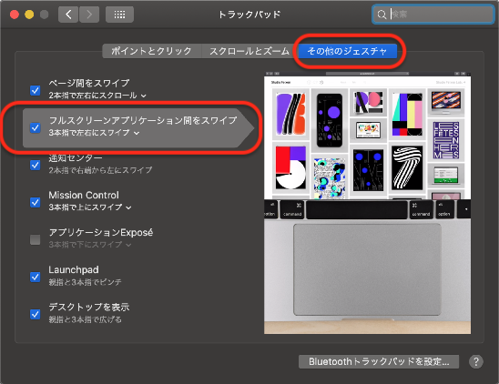 「その他ジェスチャ」タブの「フルスクリーンアプリケーション間をスワイプ」にチェックが入っていることを確認
