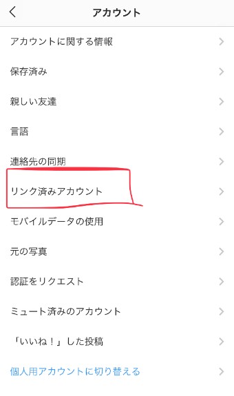 アカウントメニューの中から『リンク済みアカウント』という項目をタップ