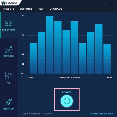 DFX Audio Enhancerを起動したら、「PRESETS」から好きなプリセットを選び「POWER」ボタンをクリック