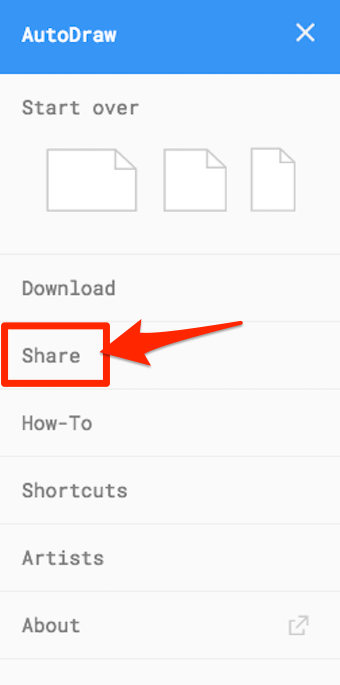 キャンバス画面で「三」をクリックし、メニューを引き出し、シェアボタンをクリック
