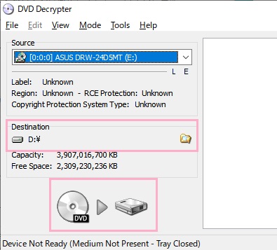 DVD Decrypterが起動したら、「Source」にDVDが入っているディスクドライブを指定して「Destination」でリッピングしたデータの保存先フォルダを選択