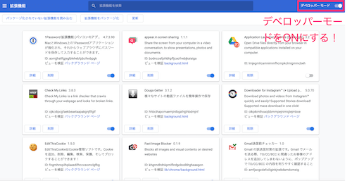 右上のデベロッパーモードをオンにする