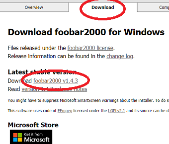 Download」タブから、「Download foobar2000 v1.4.3（記事執筆現在）」をクリック