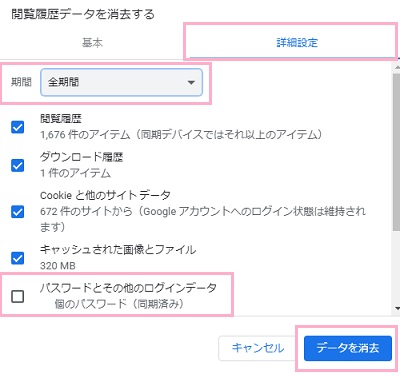 「閲覧履歴データを消去する」ウィンドウ