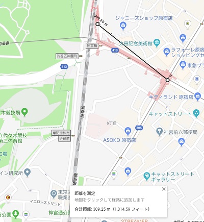 明治神宮前駅を起点とした状態で原宿駅をクリックした例