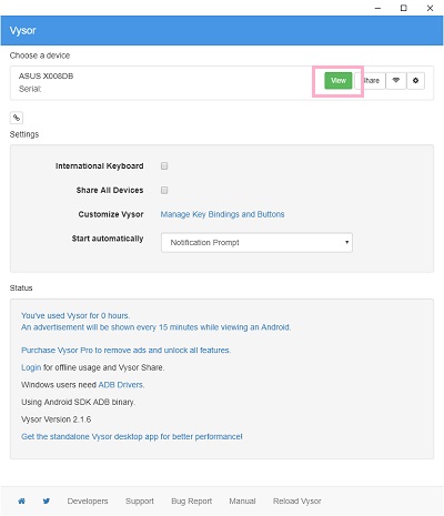 Vysorのウィンドウの上部の「Choose a device」に接続しているスマホの名前が表示されるので、右側に表示されている「View」と書かれた緑色のボタンをクリック