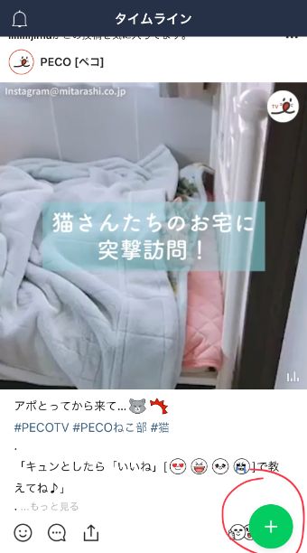 タイムラインのページの右下の『＋』をタップ