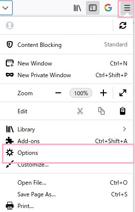 Firefoxのウィンドウ右上のメニューボタンをクリックしてメニューを開き、「Options(設定)」をクリック