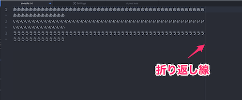 右側にある折り返し線のところで、文字が折り返される