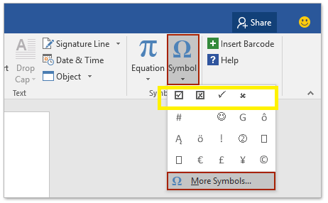 「挿入タブ」にある「記号と特殊文字」を選び、チェックボックスがあるので、選んでクリック