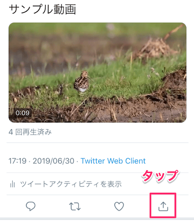 ツイートの詳細ページを開き、右下の「共有アイコン」をタップ