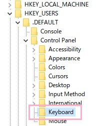 レジストリエディターが表示されます。左側のフォルダツリーを「HKEY_USERS」→「.DEFAULT」→「Control Panel」の順に展開して「Keyboard」フォルダをクリックして選択