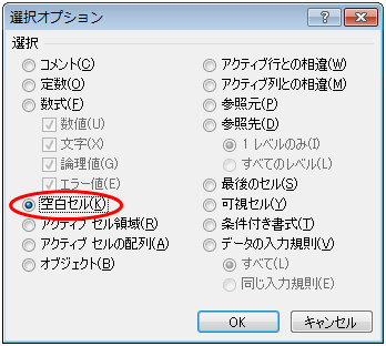 選択オプションが現れるので、「空白セル」を選択してOKを押す