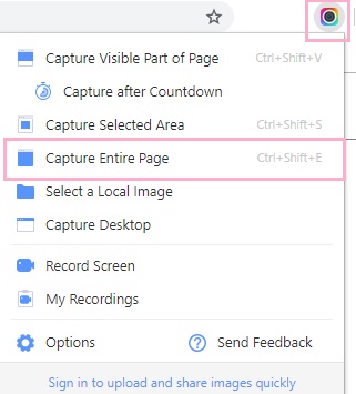 アドレスバー右側の「Awesome Screenshot」ボタンをクリックして「Capture Entire Page（ページ全体のキャプチャー）」をクリック