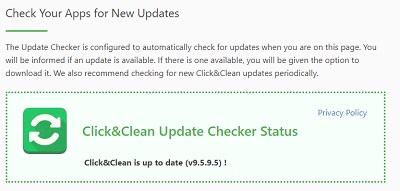 シークレットモードウィンドウが表示され、Click＆Cleanのアップデートチェッカーが表示