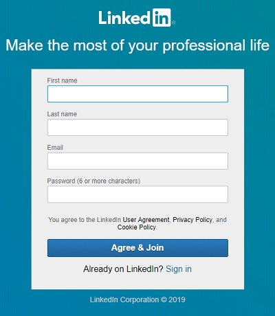 LinkedInのアカウントを作成画面