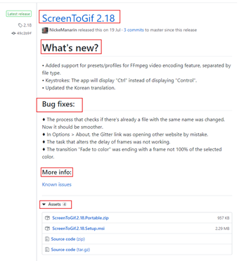 「ScreenToGif 2.xx(バージョン番号)」「What\"s new?」「Bug fixes:」「More Info」「Assets」が順番に見つかる