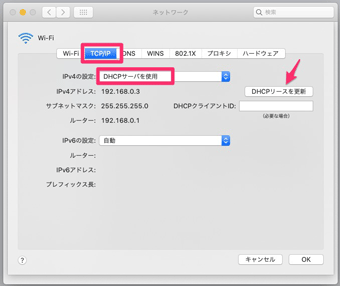 「DHCPリースを更新」を押す