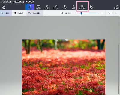 ウィンドウ上部メニューの「キャンバス」をクリック