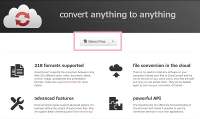 ページ上部の「Select Files」ボタンをクリックしてダイアログボックスから変換したい.pagesファイルを選択