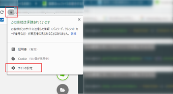 Google Chromeの場合はURLバー左のアイコンをクリックしたら表示される[サイトの設定]