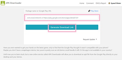 APK DownloaderにURLをペースとして「Generate Download Link」をクリック