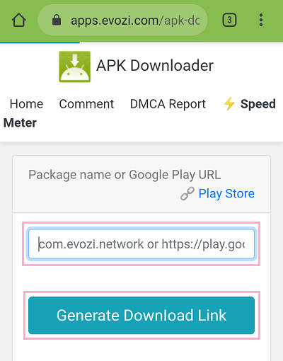 APK Downloaderを開き、URL入力欄にURLを貼り付けたら「Generate Download Link」ボタンをタップ