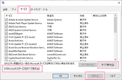 「サービス」タブの「Microsoftのサービスをすべて隠す」のチェックボックスをオンにし、「すべて無効」ボタンをクリック