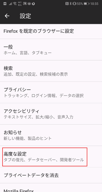 [高度な設定]をタップ