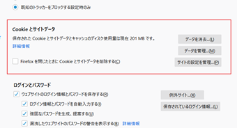 「Cookieとサイトデータ」の項目の画面