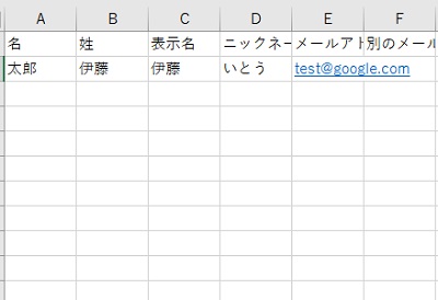 ヘッダーでフィールドの定義を行い、2行目から各種情報を入力する