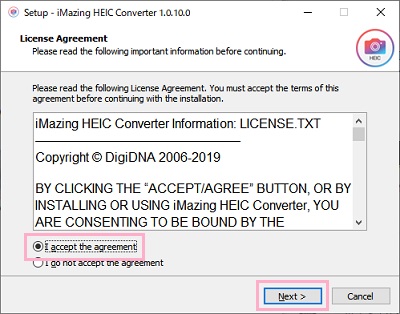 iMazing HEIC Converterを起動→同意して「Next」をクリック
