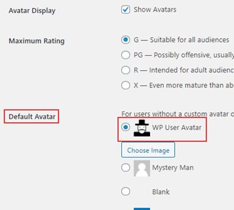 Wp User Avatar画面の中央付近にある「Default Avatar」を[WP User Avatar]に変更