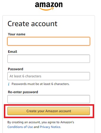 アカウント情報を入力→「Create your Amazon account」をクリック