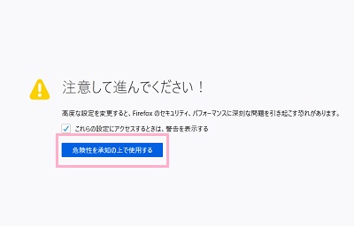 「注意して進んでください!」画面で「危険性を承知の上で使用する」ボタンをクリック
