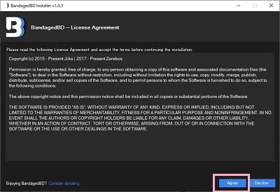 BandagedBD_Windows.exeを起動し、ウィンドウ右下の「Agree」ボタンをクリック