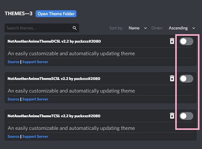 「NotAnotherAnimeTheme」テーマの表示画面でテーマの右側に表示されているボタンをクリック