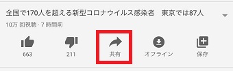 YouTubeを開き、みんなと見たい動画の「共有」をタップ