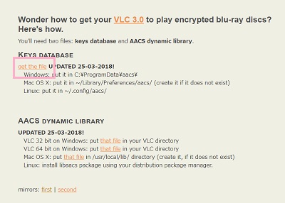 「KEYS DATABASE」のテキストリンクと「AACS DYNAMIC LIBRARY」のテキストリンクからファイルをダウンロード