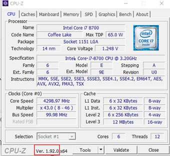 CPU-Zのバージョン情報の表示